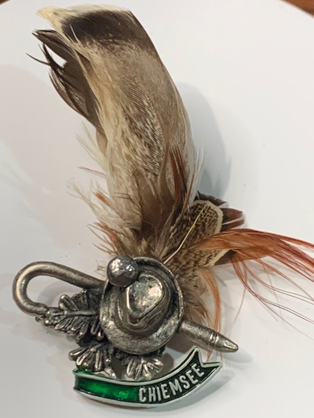 Vintage Chiemsee Silver-Tone Hat Pin W/ Feathers & Green Enamel Accent